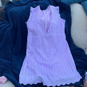Jenny Boston lilac eyelet dress with romper lining and 2 pockets- size small